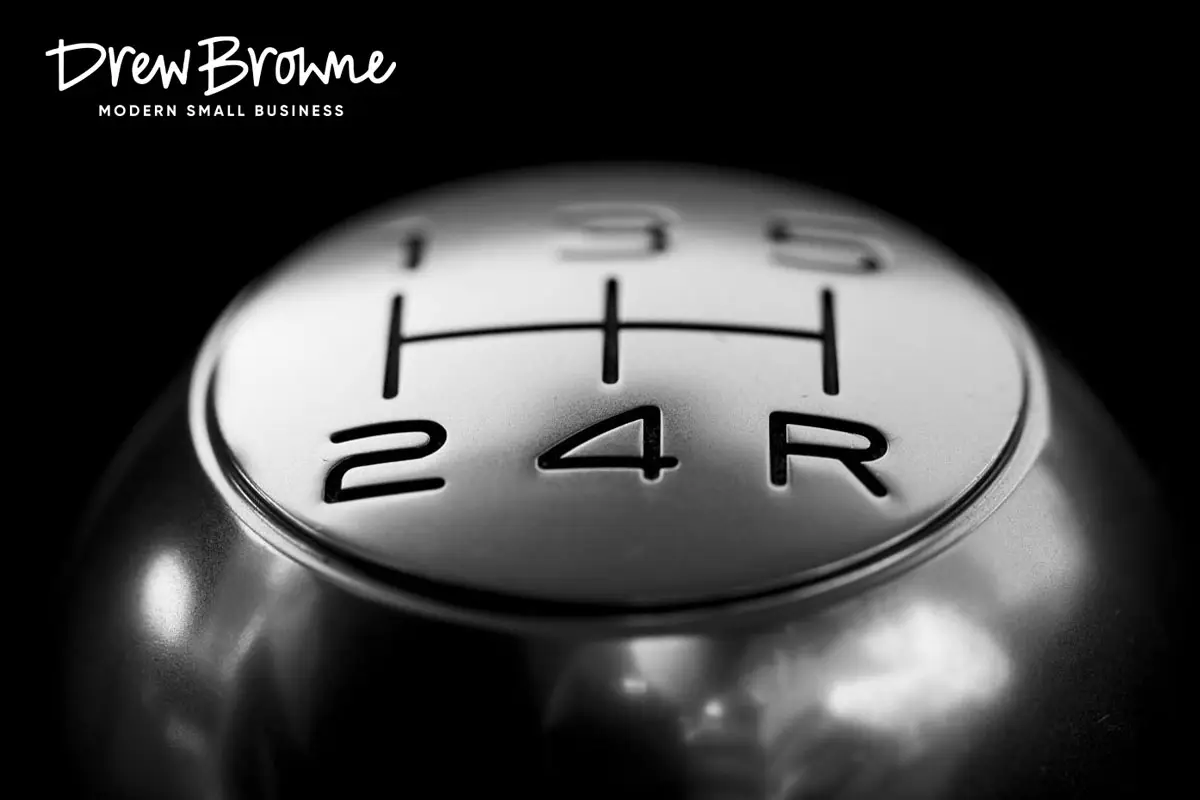 A close up image of a Chrome polished gear knob with five gears displaying.